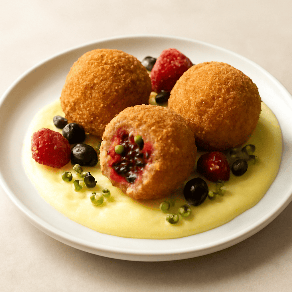 Arancine ai frutti di bosco e pistacchio su crema al limoncello