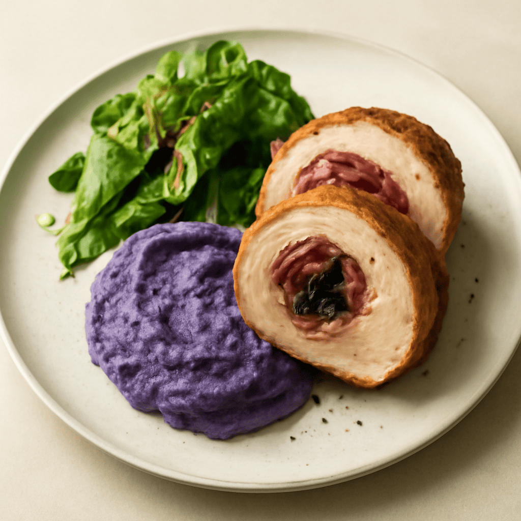 Arrosto di arista di maiale ripiena di speck Alto Adige IGP e bieta rossa su purè di patate viola e insalata croccante