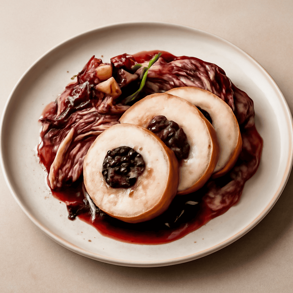 ARROTOLATO DI TACCHINO ALLE PRUGNE GLASSATE CON RADICCHIO E PANCETTA