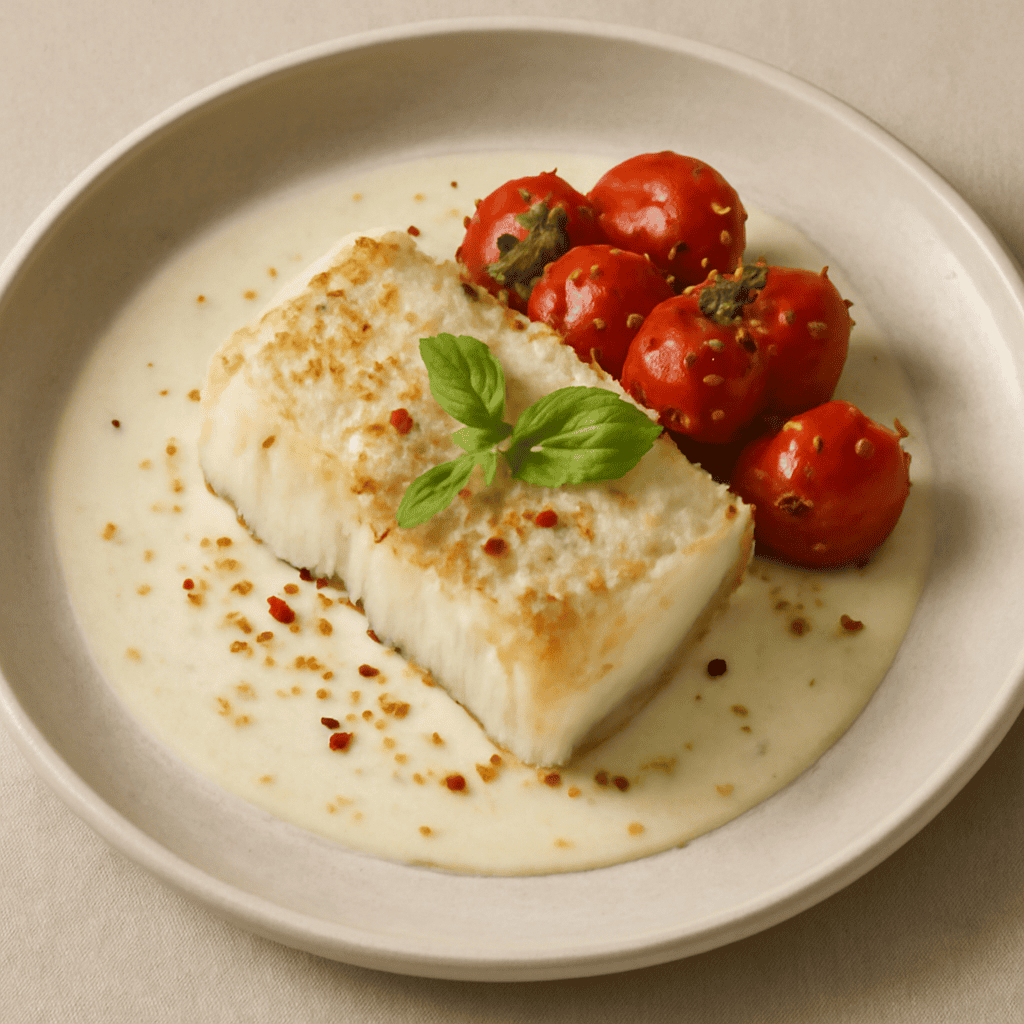 Baccalà con pomodorini confit e latte alle nocciole