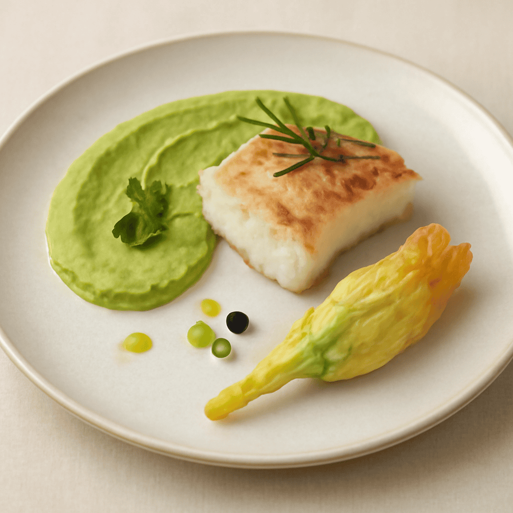 Baccalà in oliocottura,crema di zucchina alla menta,fiore di zucca in pastella