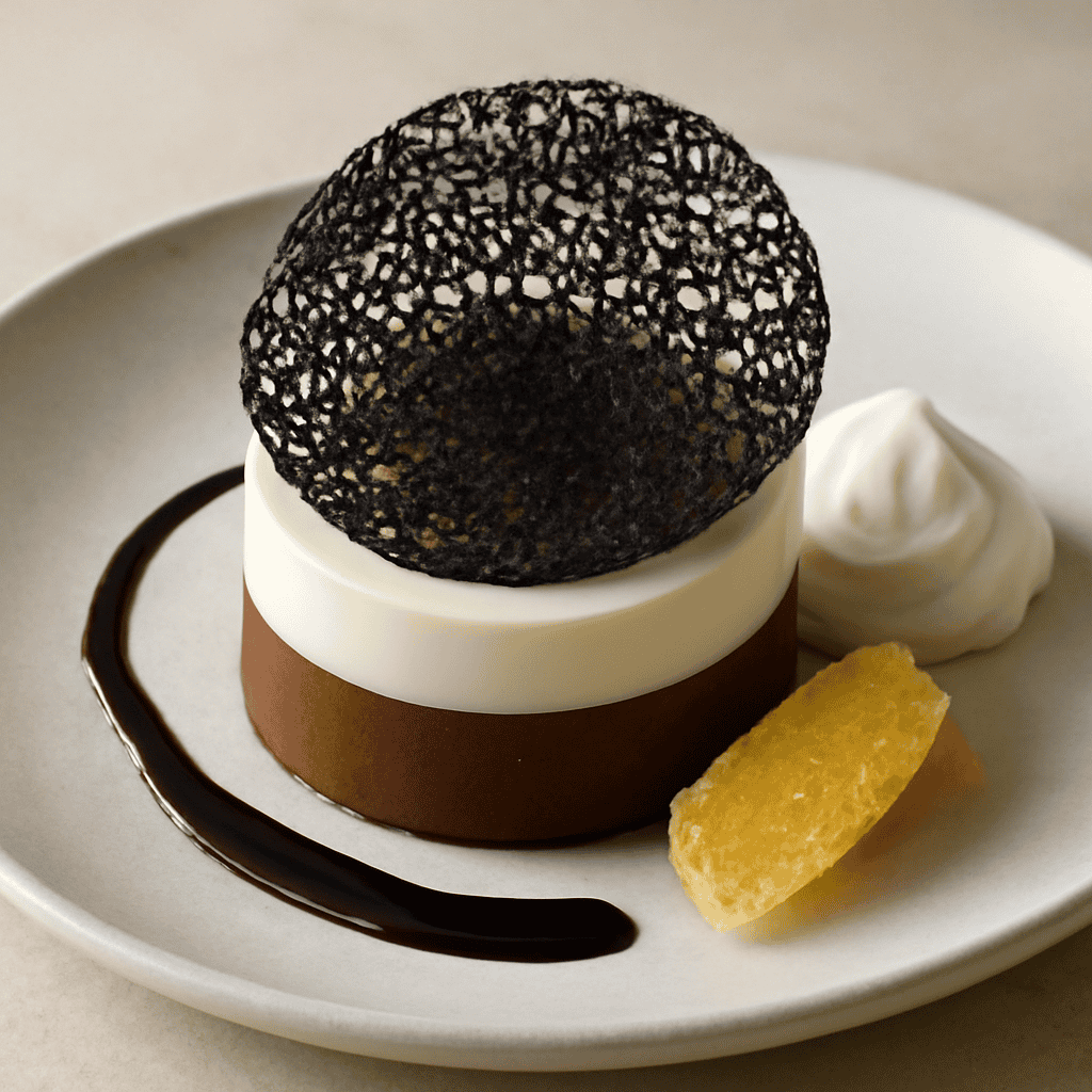 Bavarese ai 2 cioccolati, cialda nera e zenzero semi candito
