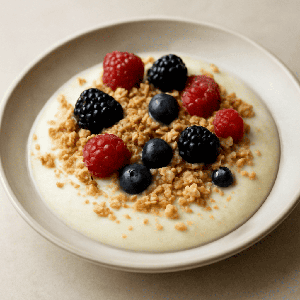 Biancomangiare ai frutti di bosco e mandorle con crumble di meringa