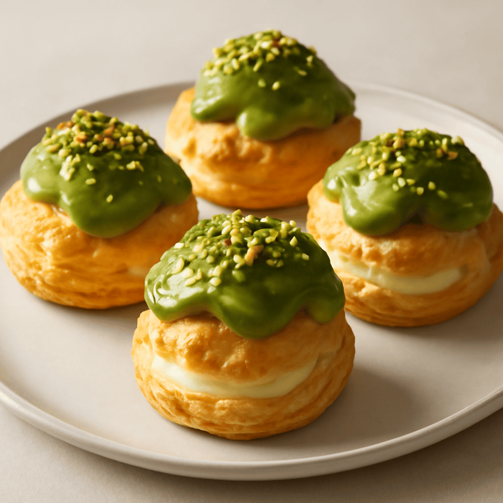 Bignè con cremoso al cioccolato bianco ricoperto con ganache al pistacchio