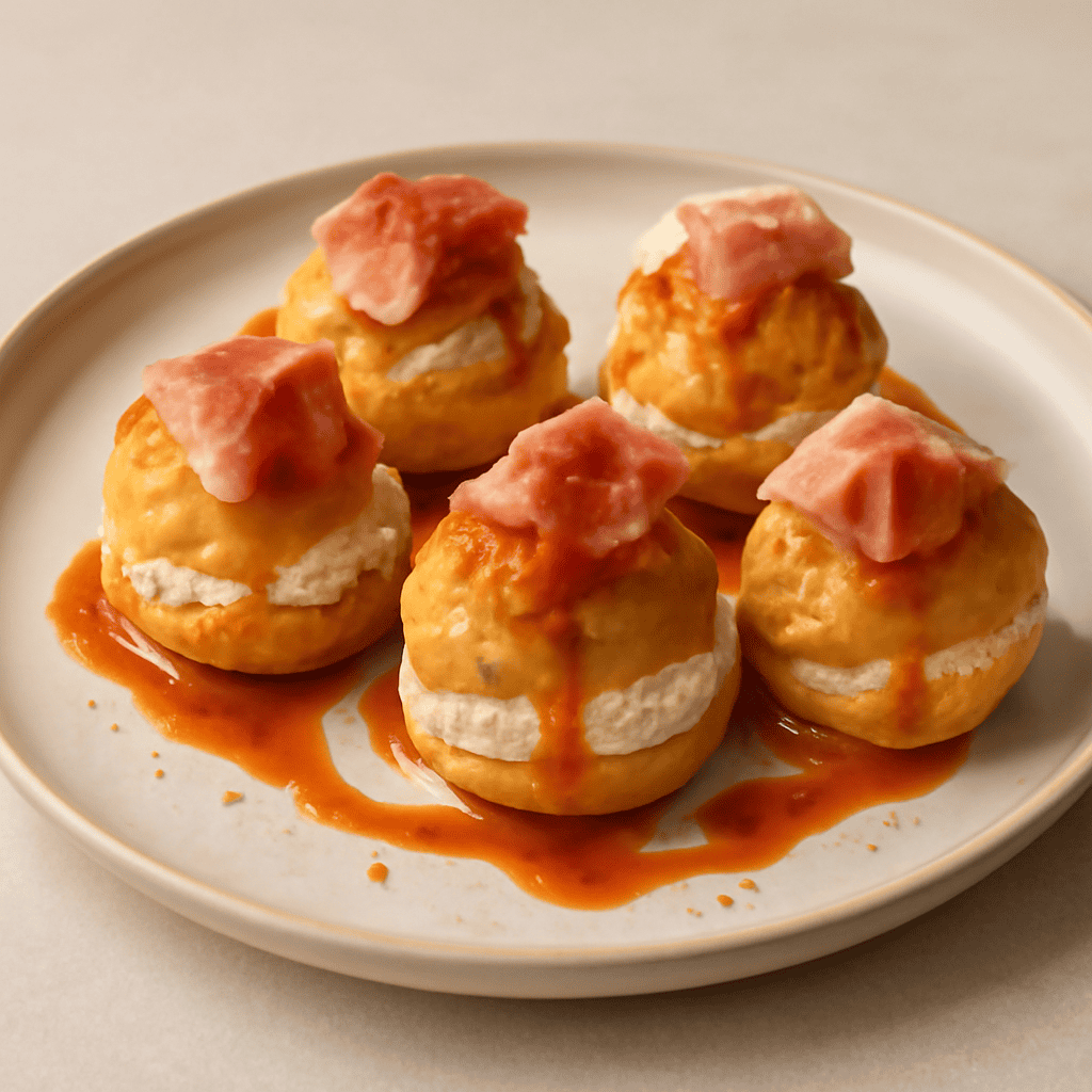 bigne salato con mousse alla ricotta e salsa alla paprika affumicata