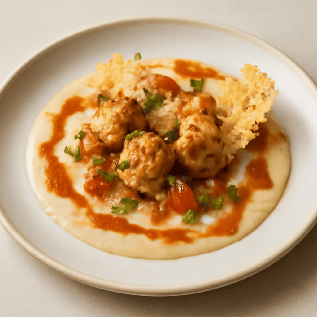 Bocconcini di pollo con erba cipollina su crema di cipolla pomodori concassè e salsa alla paprika affumicata con mini cialde al parmigiano