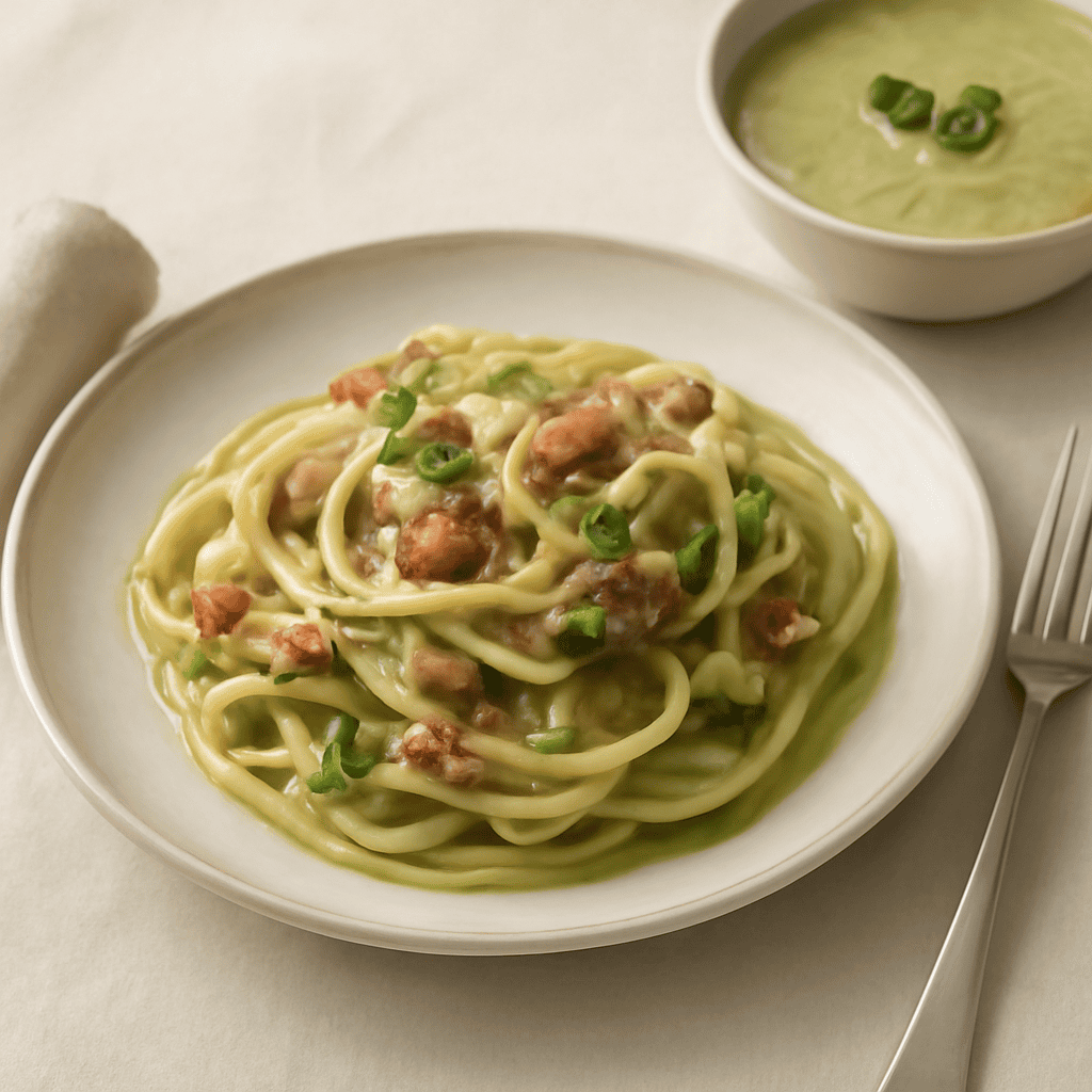 Bucatini e zucchine alla carbonara con vellutata di zucchine
