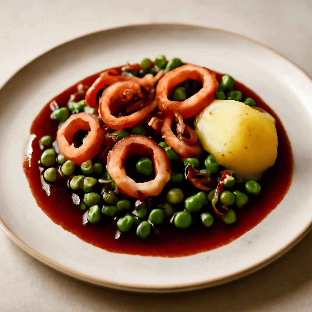 Calamaretto con piselli e patate con salsa al primitivo di manduria