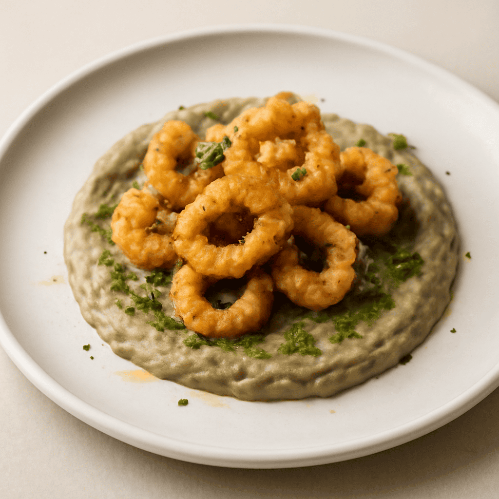 Calamaretto croccante su crema di melanzane