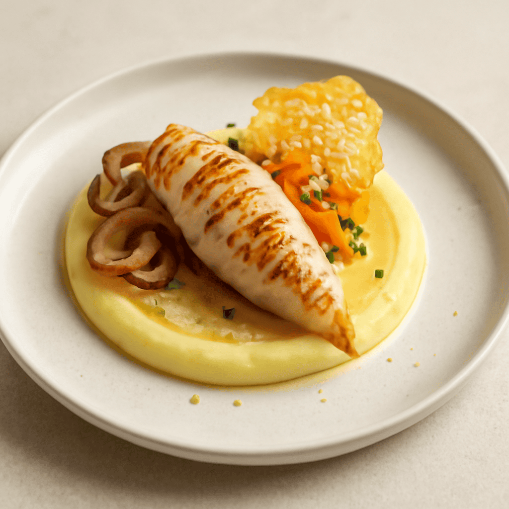 Calamaro grigliato su crema di patate, millepunti di verdure e cialdina croccante di parmigiano