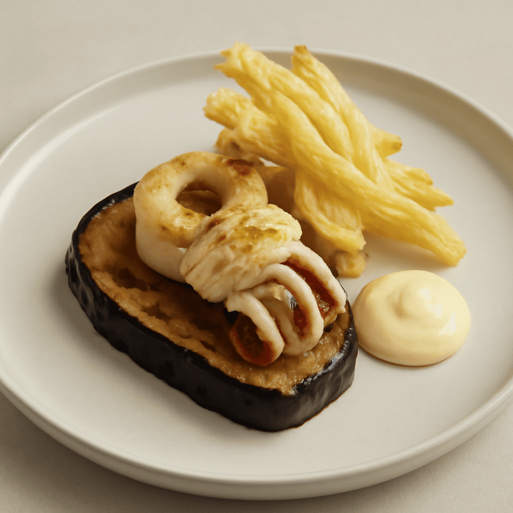 Calamaro su melanzana con tempura di finocchi e maionese