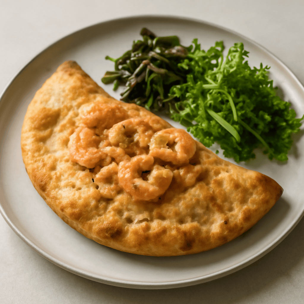 CALZONE AI GAMBERETTI, INSALATA DI ALGHE E INDIVIA RICCIA