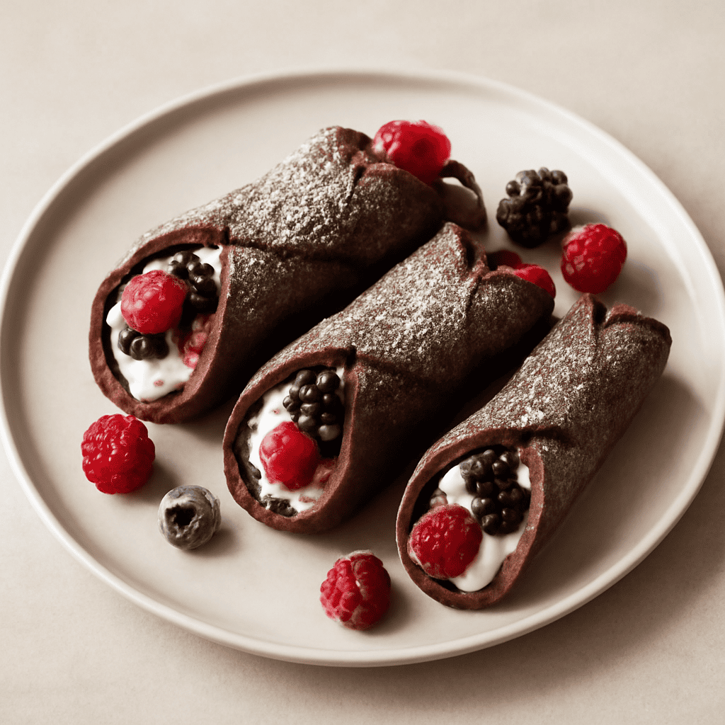 Cannoli al cacao con profumo di averna e cuore ai frutti di bosco