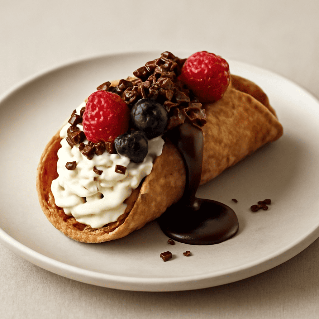 Cannolo ai frutti di bosco con crema chantilly, scaglie di cioccolato e ganache al gianduia.