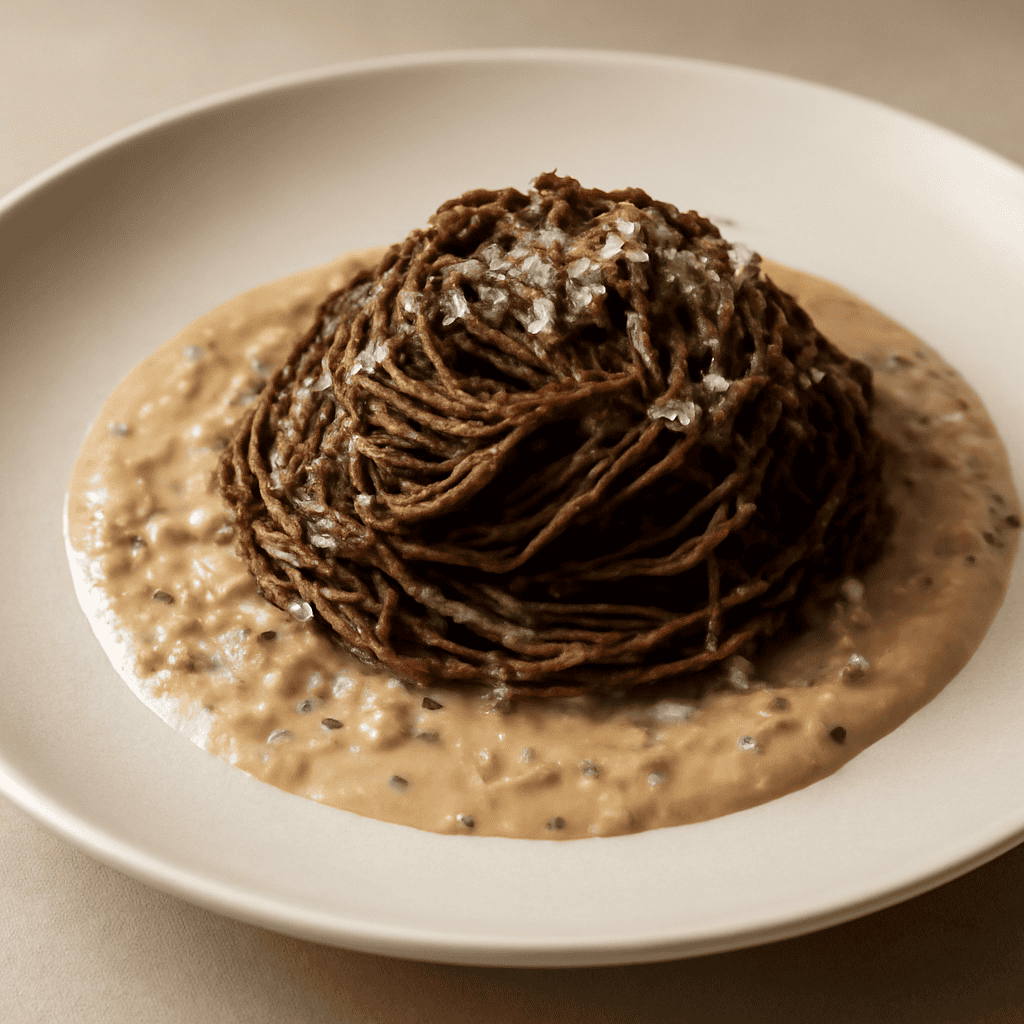 capelli d’angelo al caffe’ su crema di funghi porcini e parmigiano reggiano