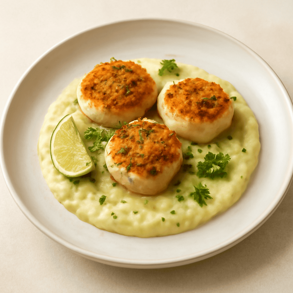 Capesante gratinate su crema di patate e porro