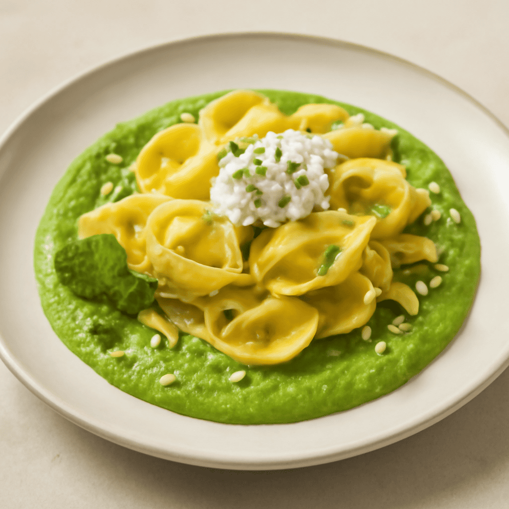 Cappelletti su crema di piselli e mandorle