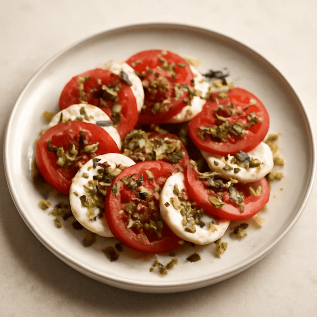 Caprese con pistacchi e farina di castagne