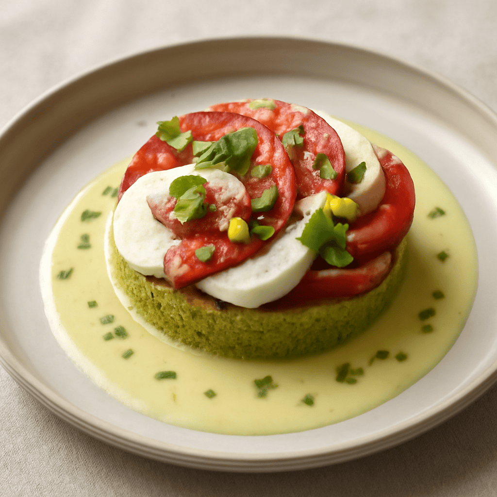 Caprese pistacchi e cioccolato bianco con crema inglese aromatizzata alla menta e zenzero