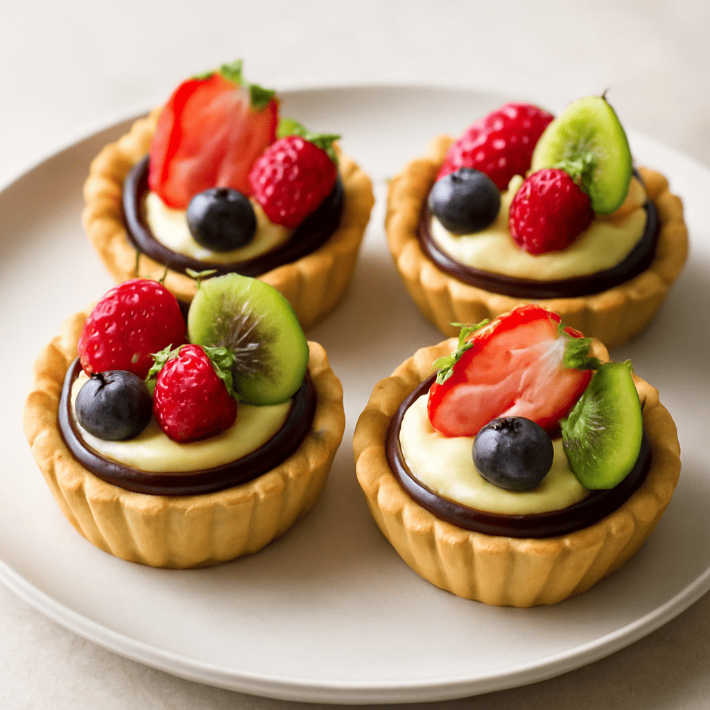 Cestini di frolla con ganache,crema pasticcera e frutta fresca