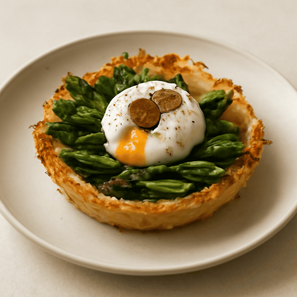 Cestino di asparagi con uovo barzotto e tartufo
