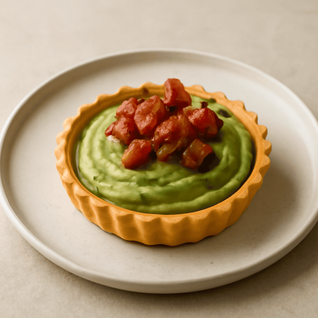 CESTINO DI FROLLA SALATA AL CURRY CON PUREA DI FAVE E PANCETTA CROCCANTE