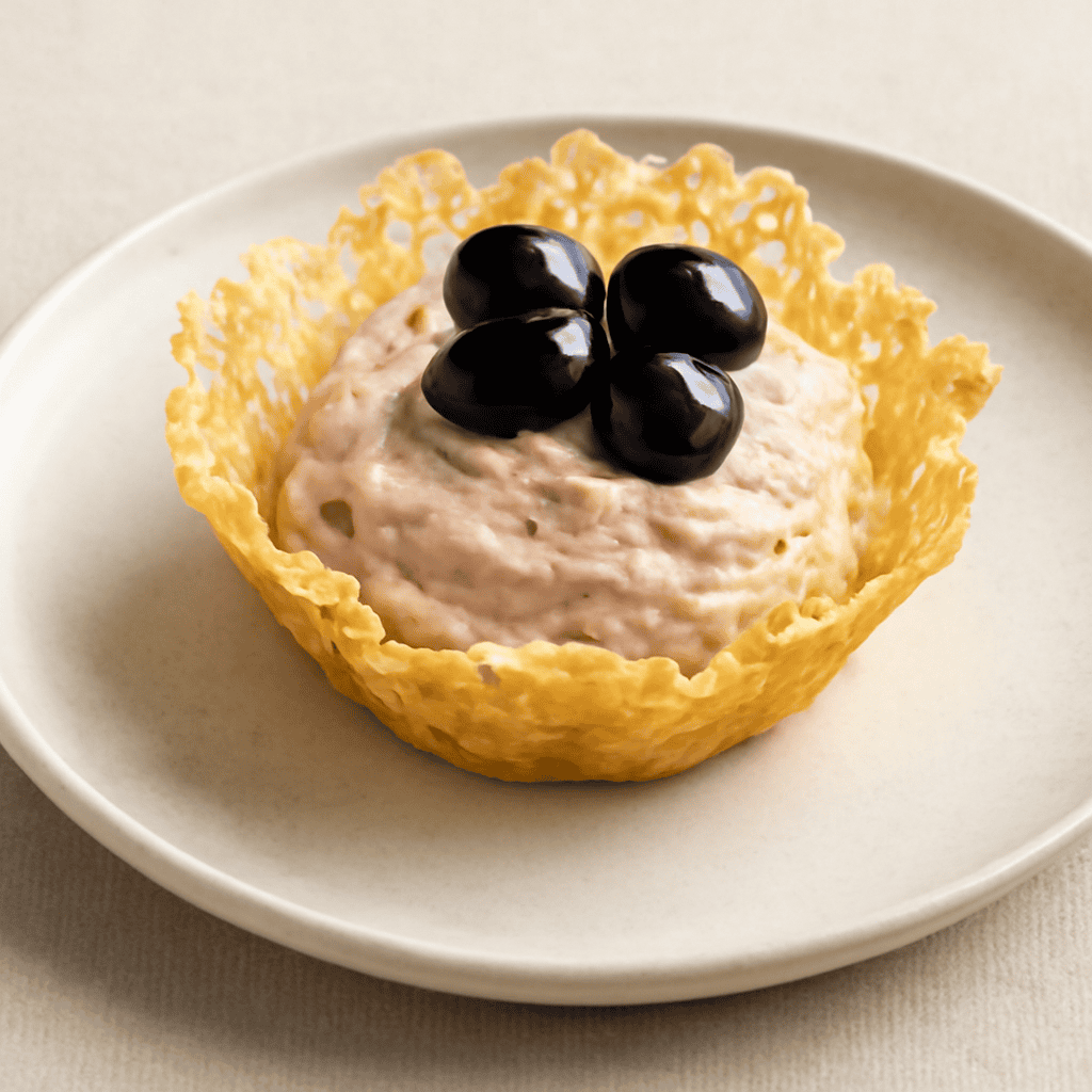 Cestino di grana con mousse di prosciutto cotto e olive nere