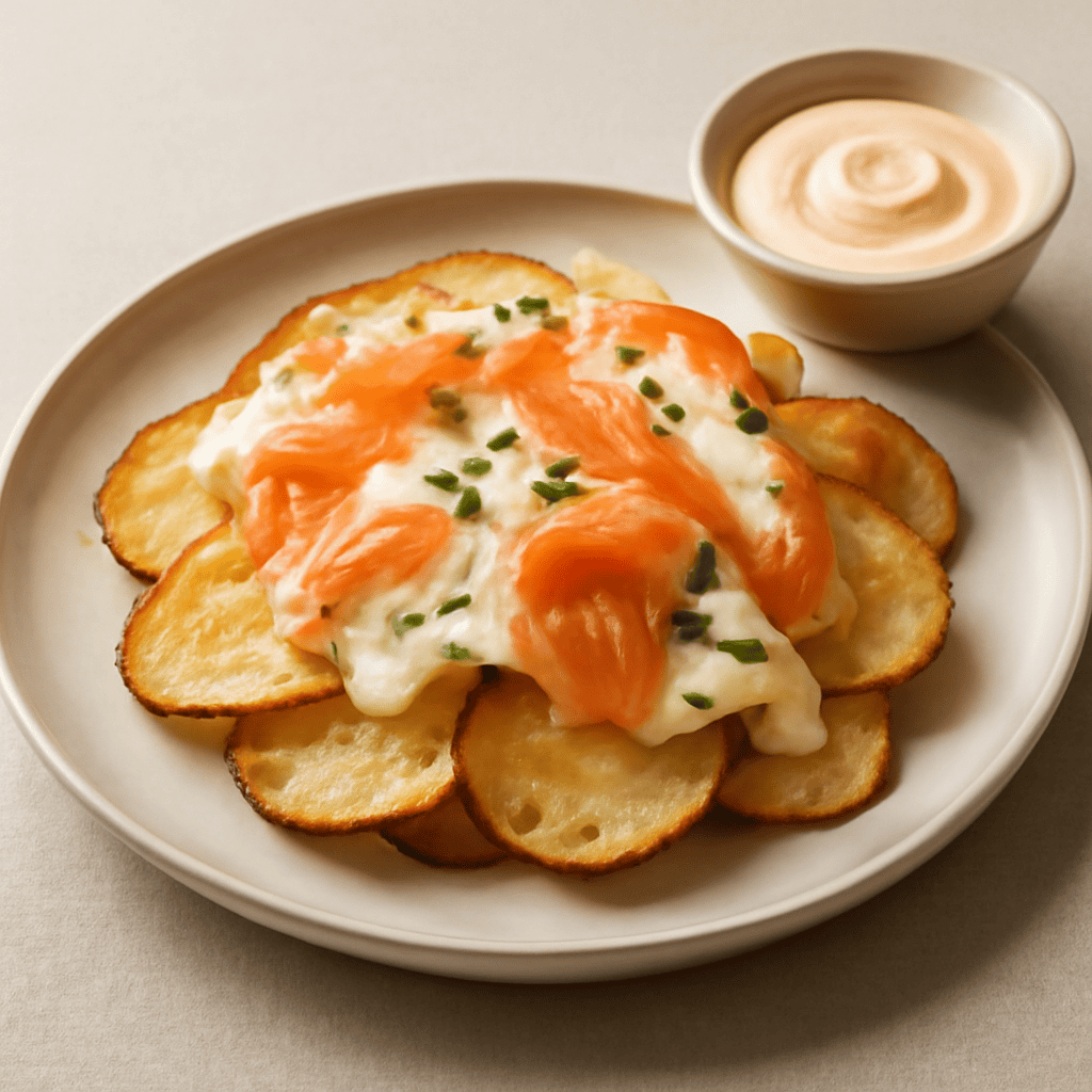Chips al forno con stracchino e salmone