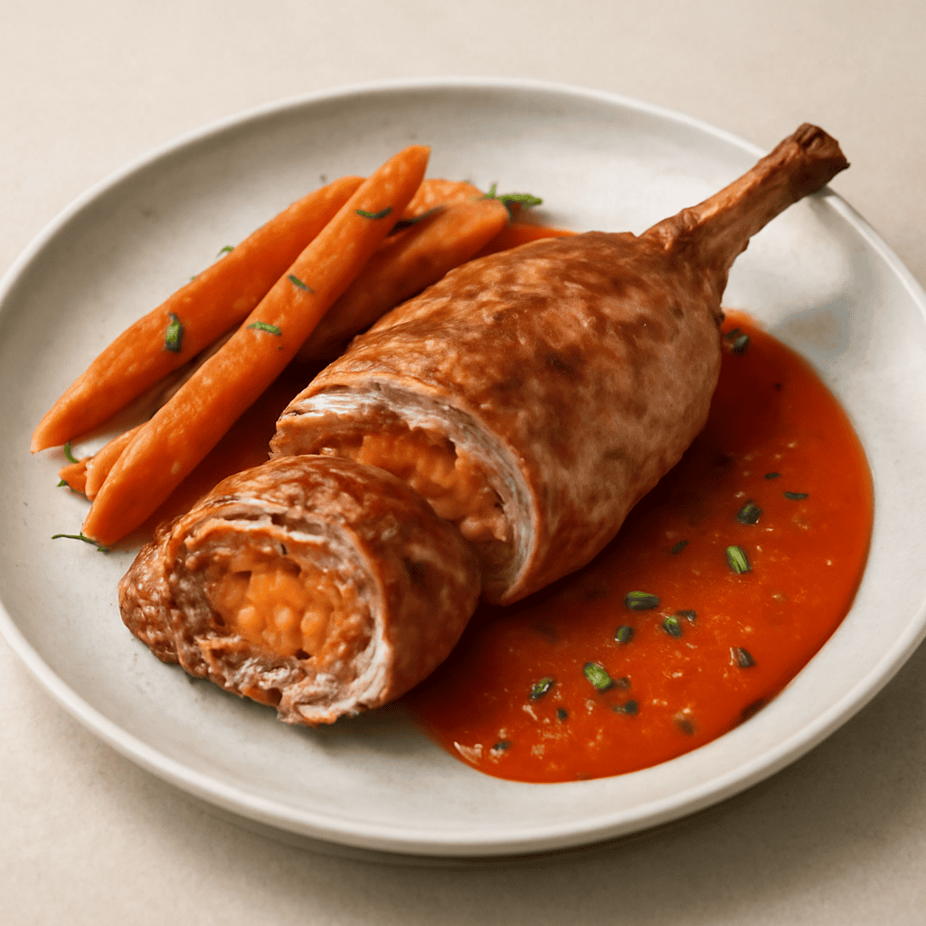 COSCIOTTO DI CONIGLIO ARROSTO CON SPECK RIPIENO DI CAROTE CON SALSA AL PEPERONE