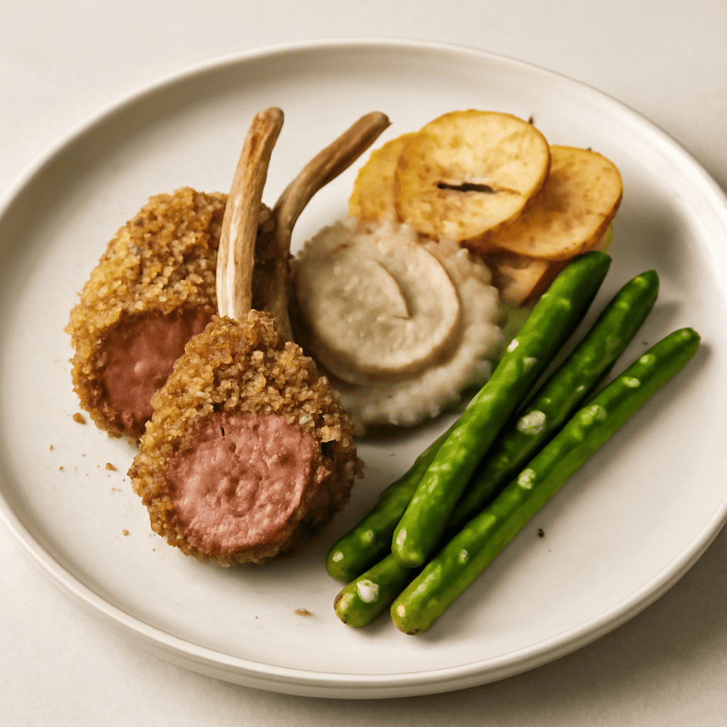 Costine di agnello in crosta di quinoa con melanzane cremose, chips al rosmarino e puntine di asparago glassate