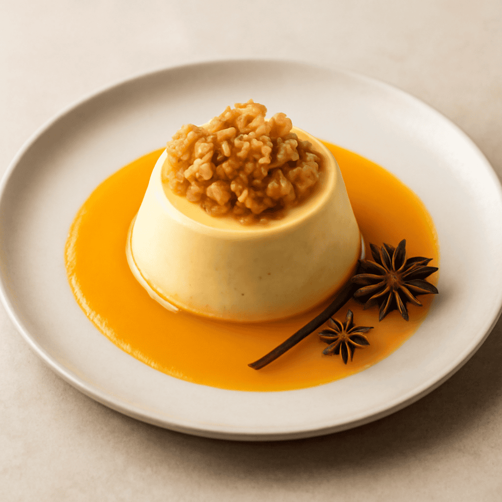 Crema cotta agrumi e macis su specchio di arancia e Anice stellato con croccante di noci