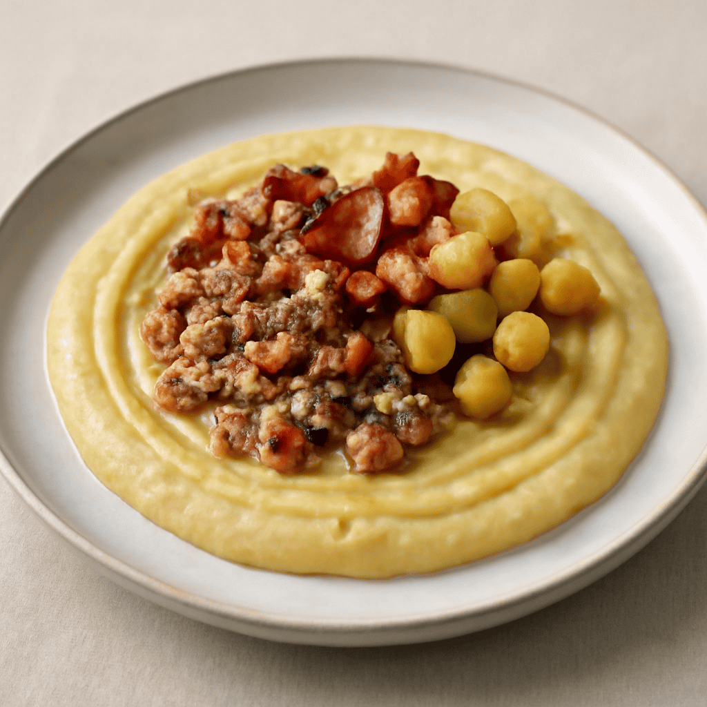 Crema di ceci con ragù bianco,bacon e patate croccanti