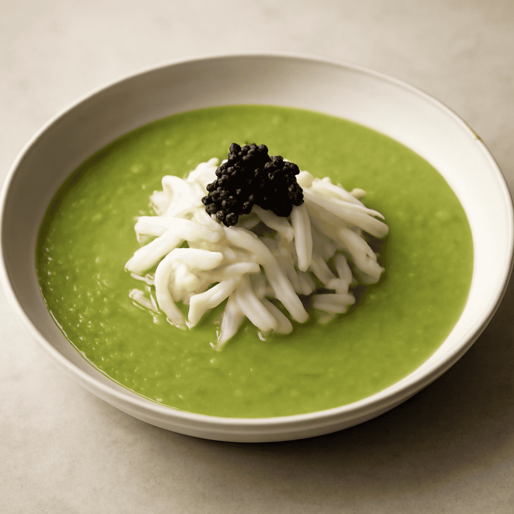 crema di piselli con julienne di seppie e caviale di nero