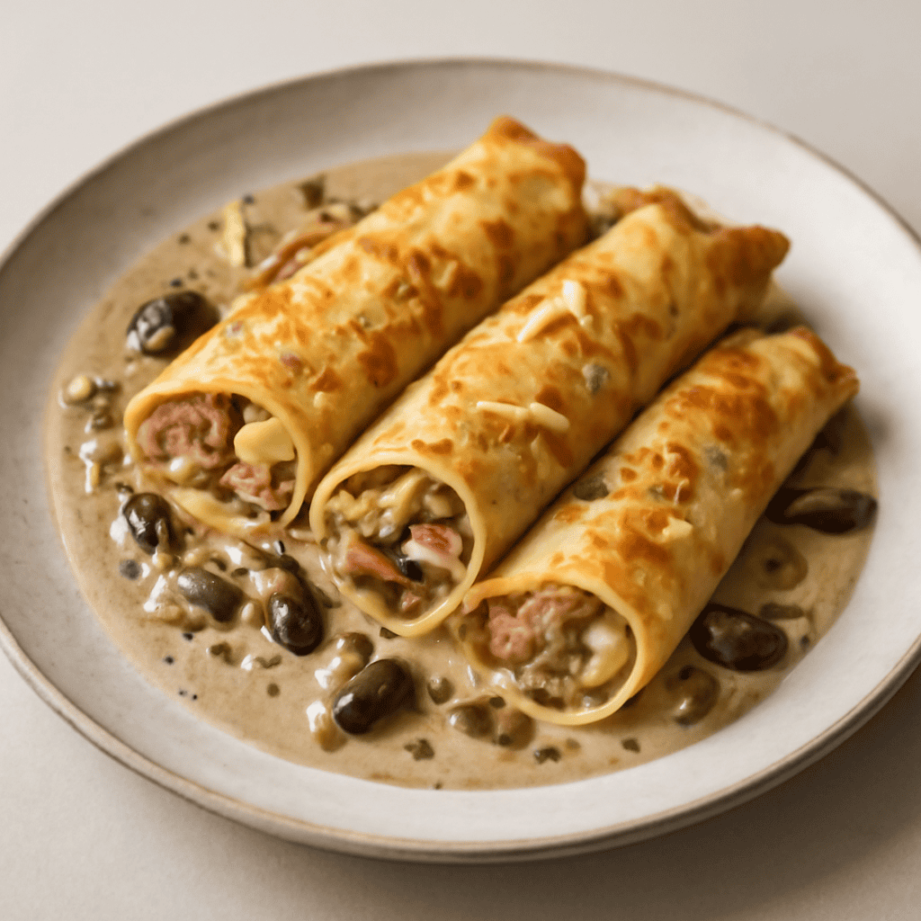 CREPES CON RIPIENO DI SALSICCIA, PATATA E FONTINA SU CREMA DI FUNGHI PIOPPINI E FILETTI DI MANDORLE TOSTATE