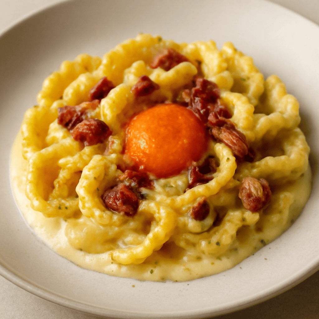 Creste di drago con crema di romano, pancetta croccante e bottarga d’uovo