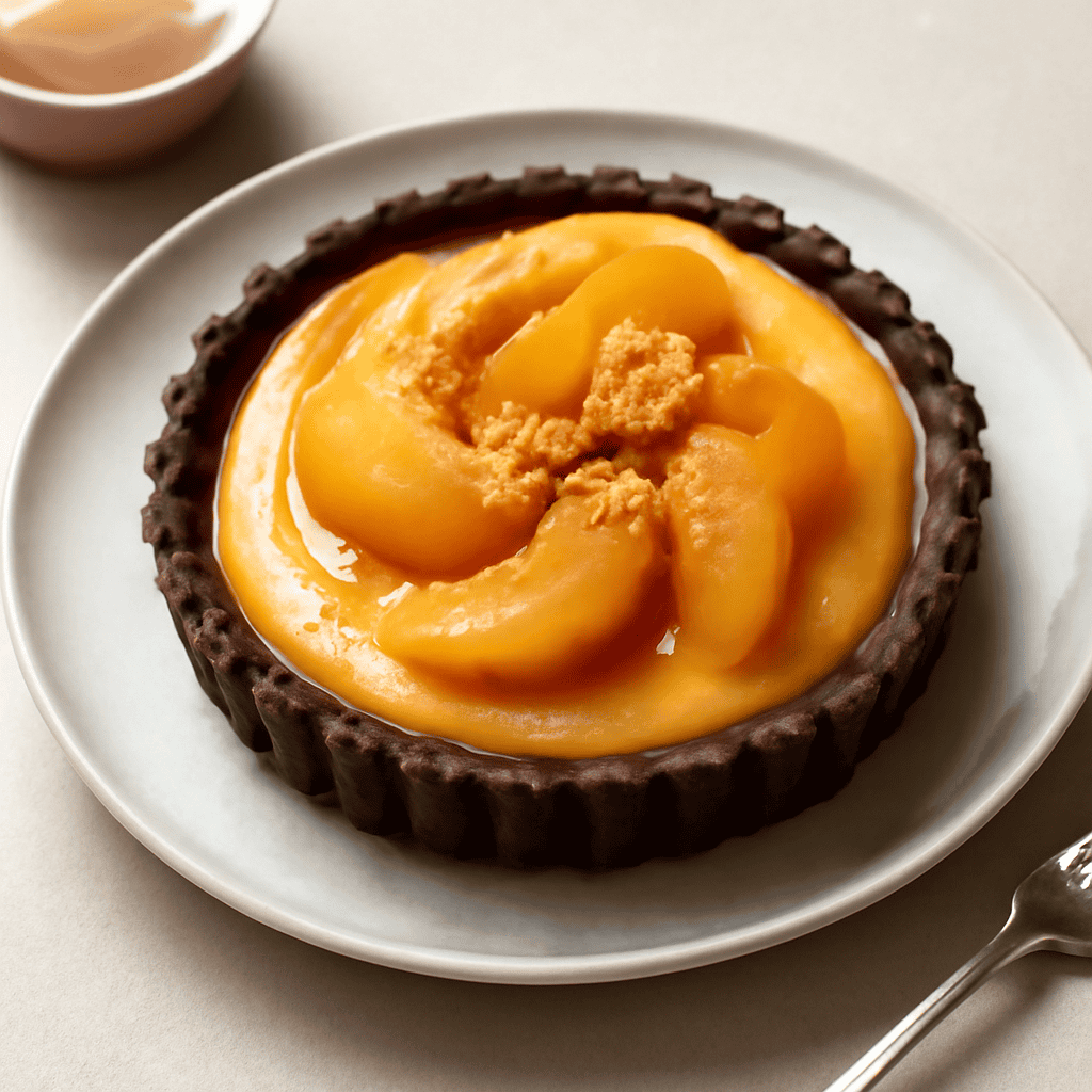 Crostata al cacao con flan alle pesche e amaretti