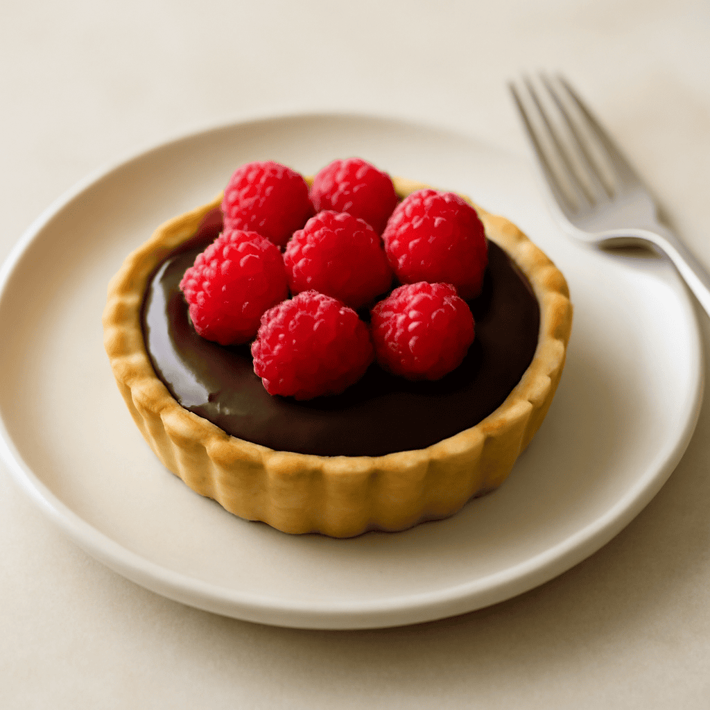 Crostatina ai lamponi e ganache al cioccolato fondente aromatizzata allo zenzero.