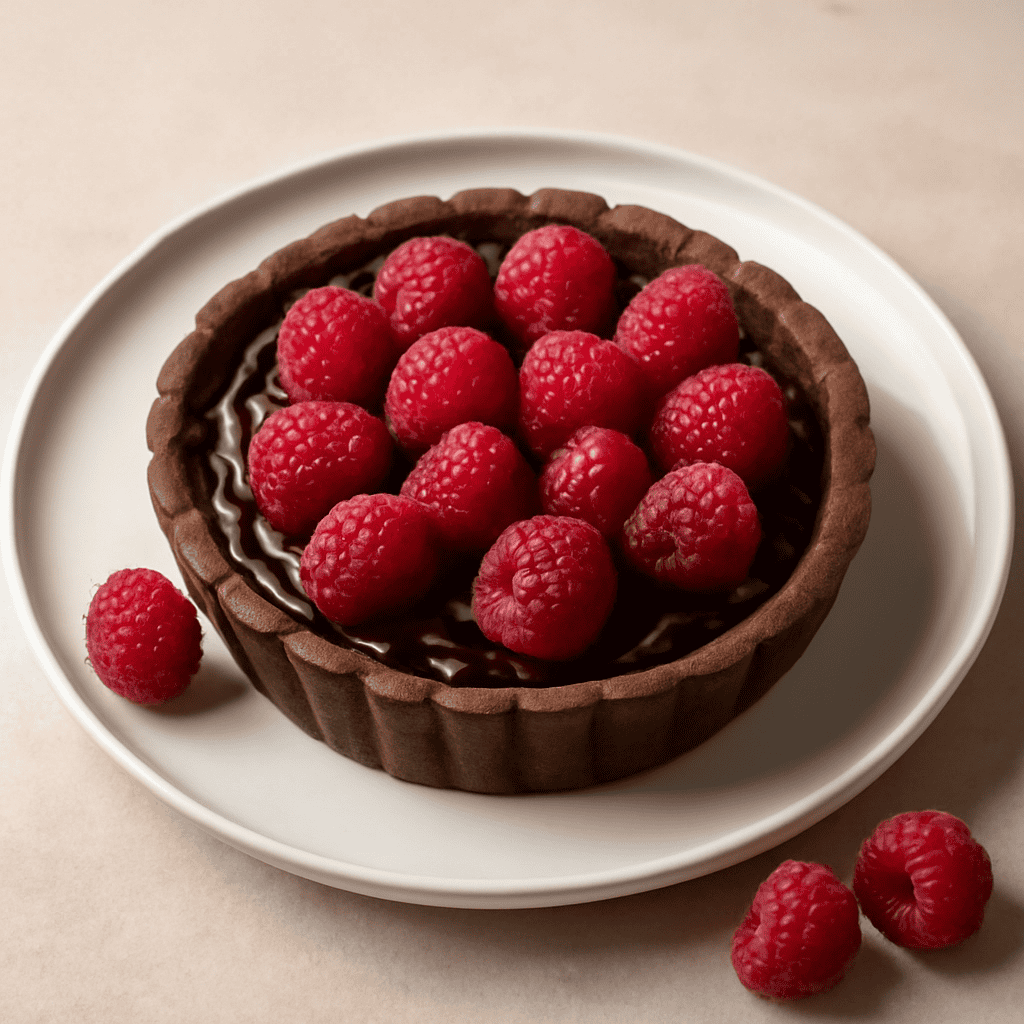 Crostatina al cioccolato, fava tonka e lamponi