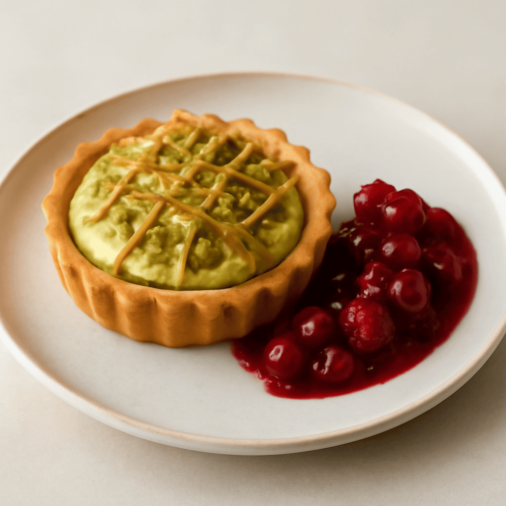 Crostatina al pistacchio con zuppetta di frutti di bosco