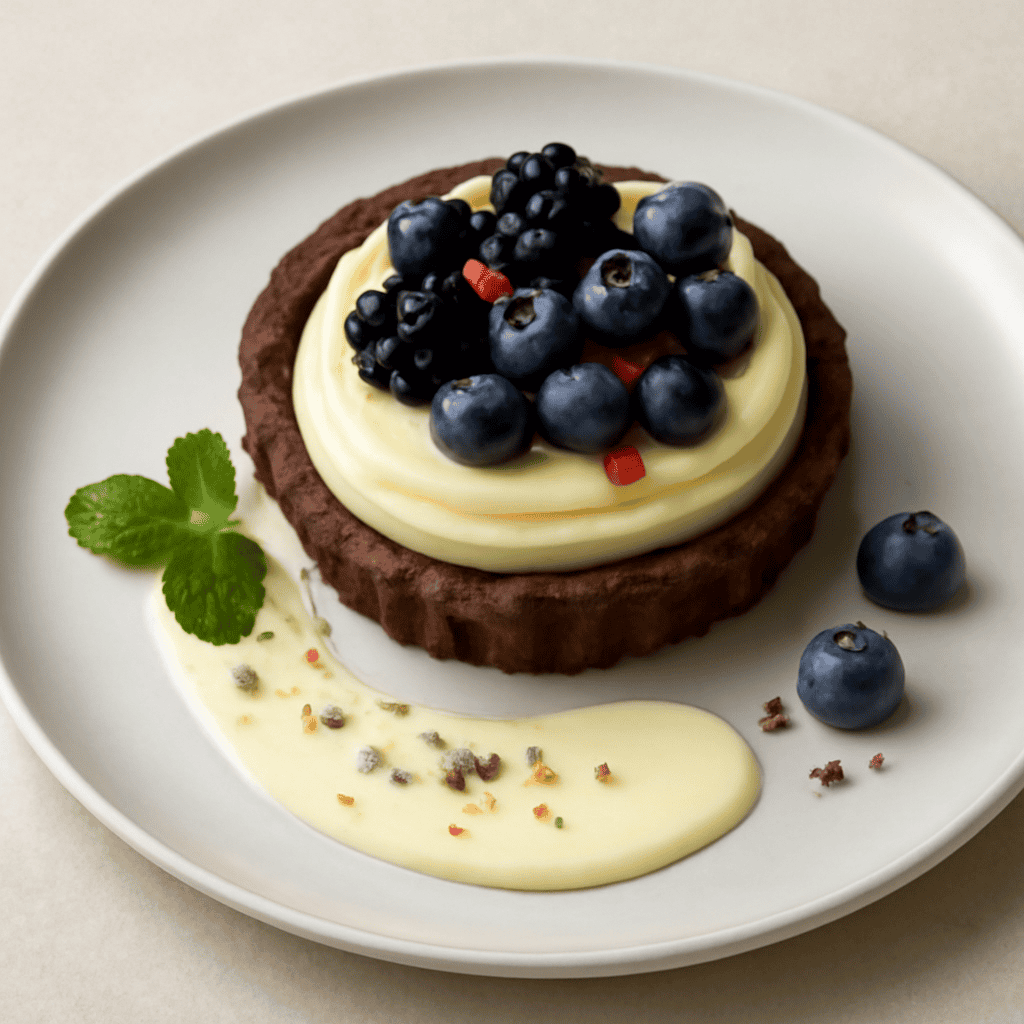 Crostatina di cioccolato e cardamomo con crema ai due pepi, more e mirtilli