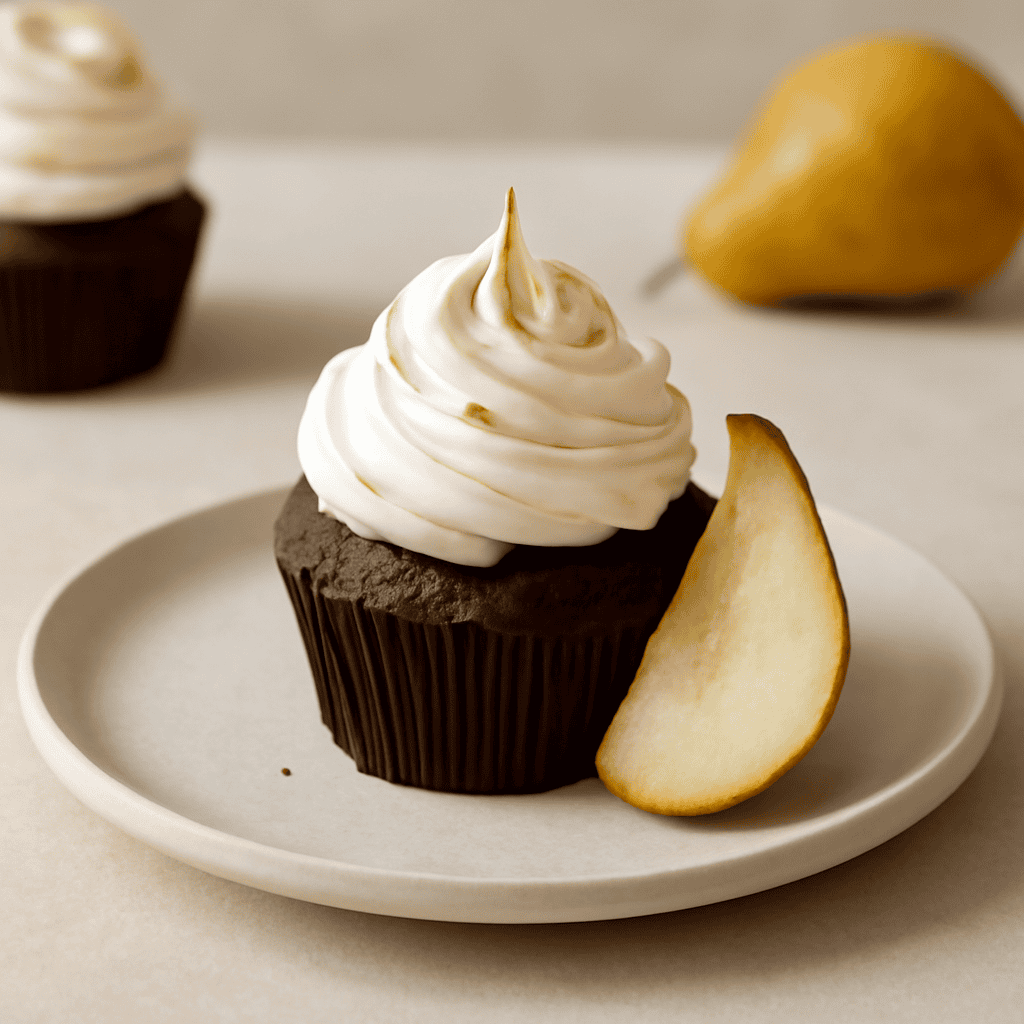 Cup cake al cioccolato e pera con crema al burro meringata