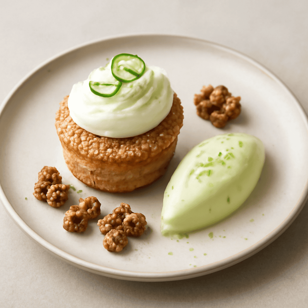 Cupcake di cocco destrutturato con mousse al lime e croccanti di noci