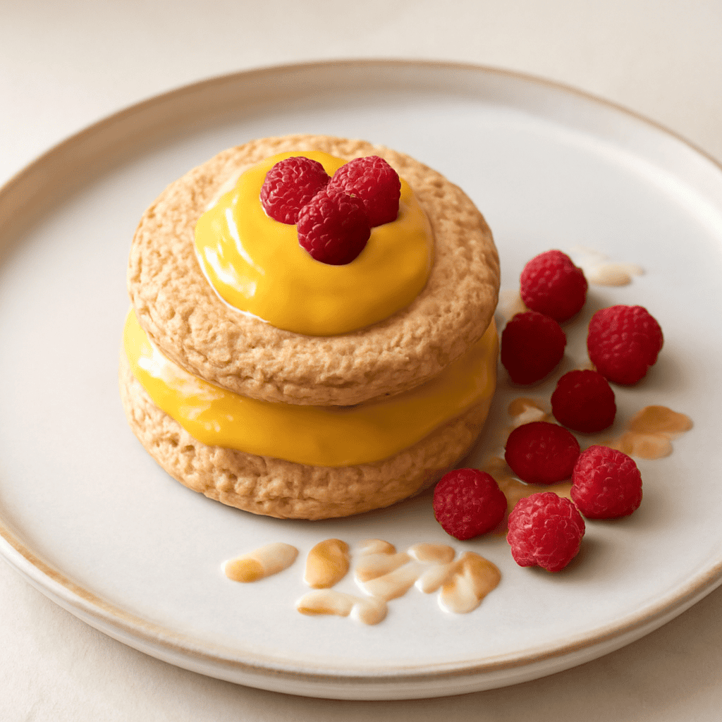 Dacquoise alle mandorle con crema al mango e fragoline