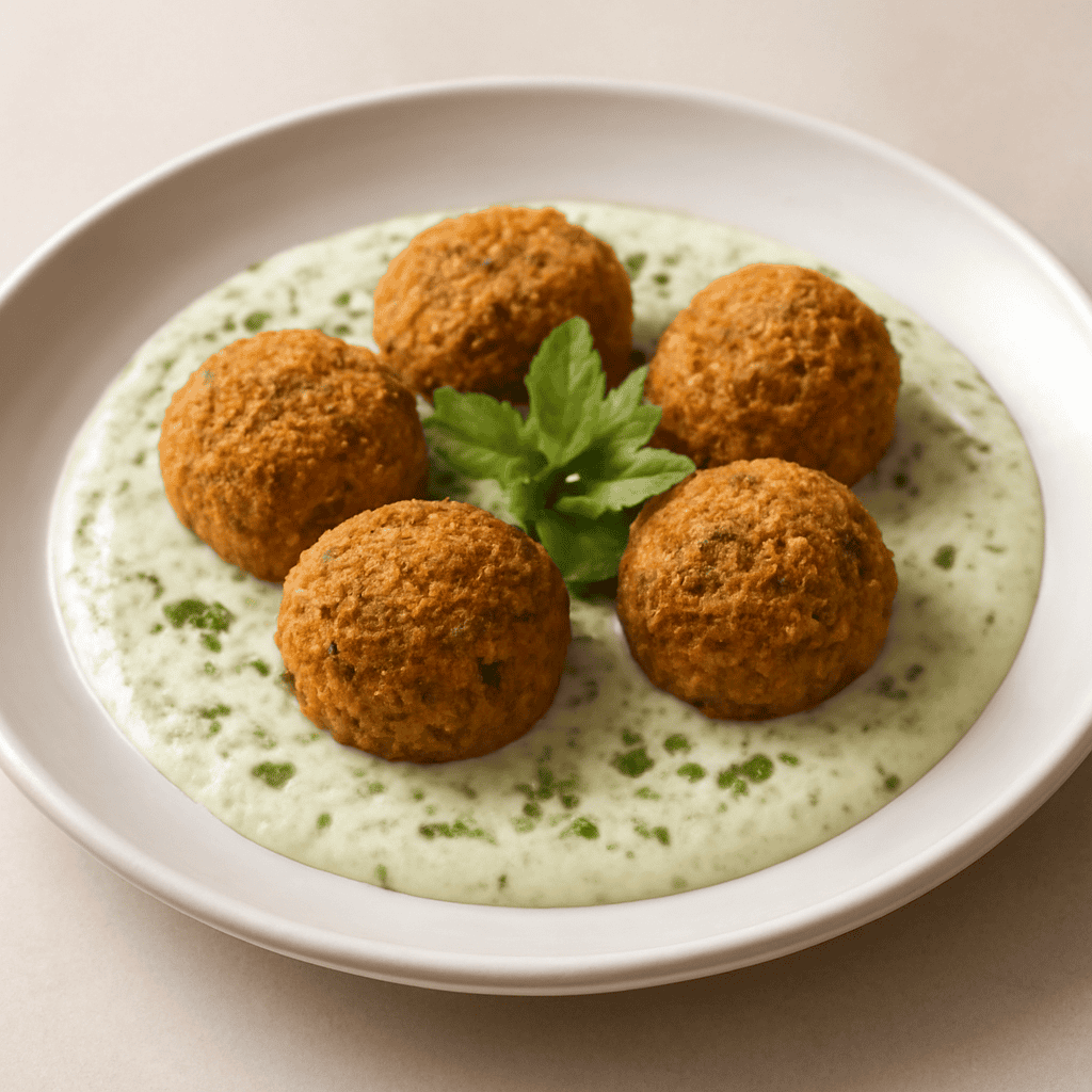 Falafel di ceci e patate speziate su crema di finochietto aromatizzata alla menta