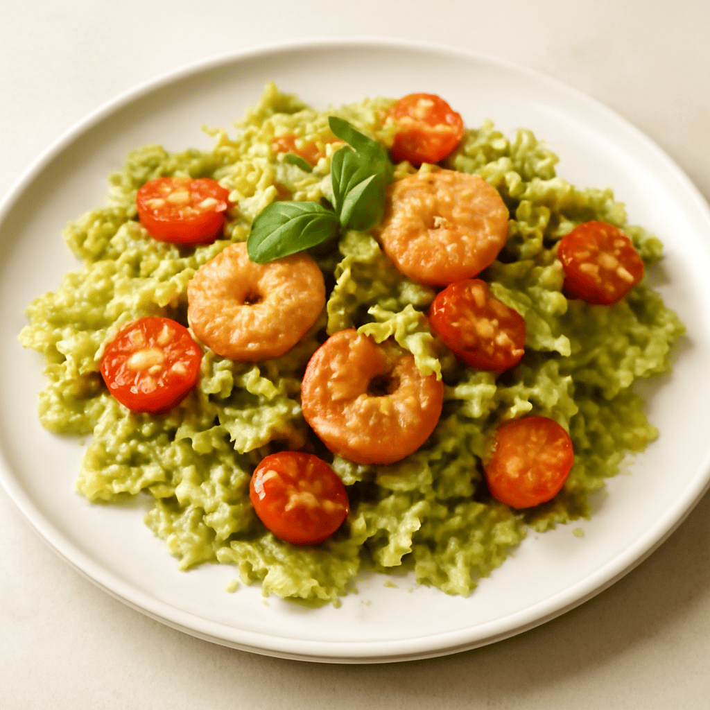 farfalle al pesto con gamberi e pomodorini