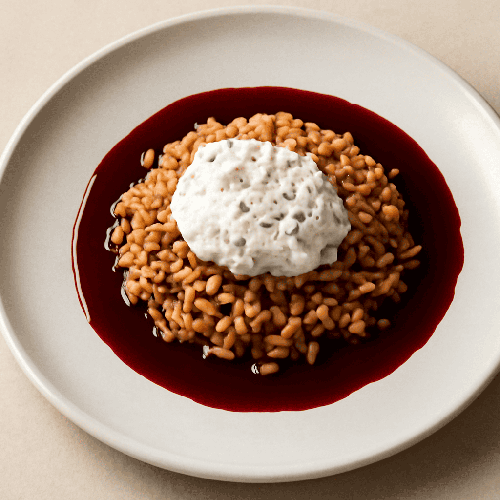 Farro ippocrasso con ricotta e riduzione al vino rosso