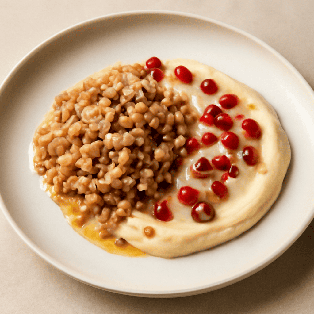 Farro risottato con crema di pecorino e nocciole, crema di ceci e polpa di melograno