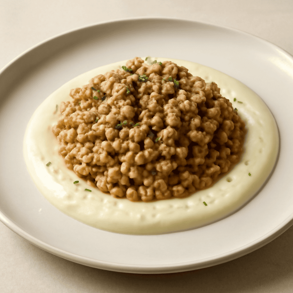 Farro risottato con ragù bianco e crema di cipolla