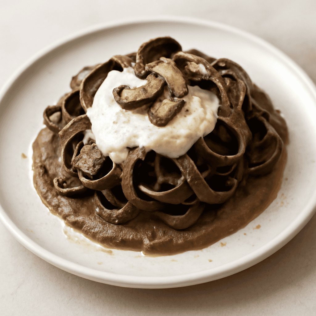 Fettuccine rustiche al caffe con crema di pecorino e purea di funghi