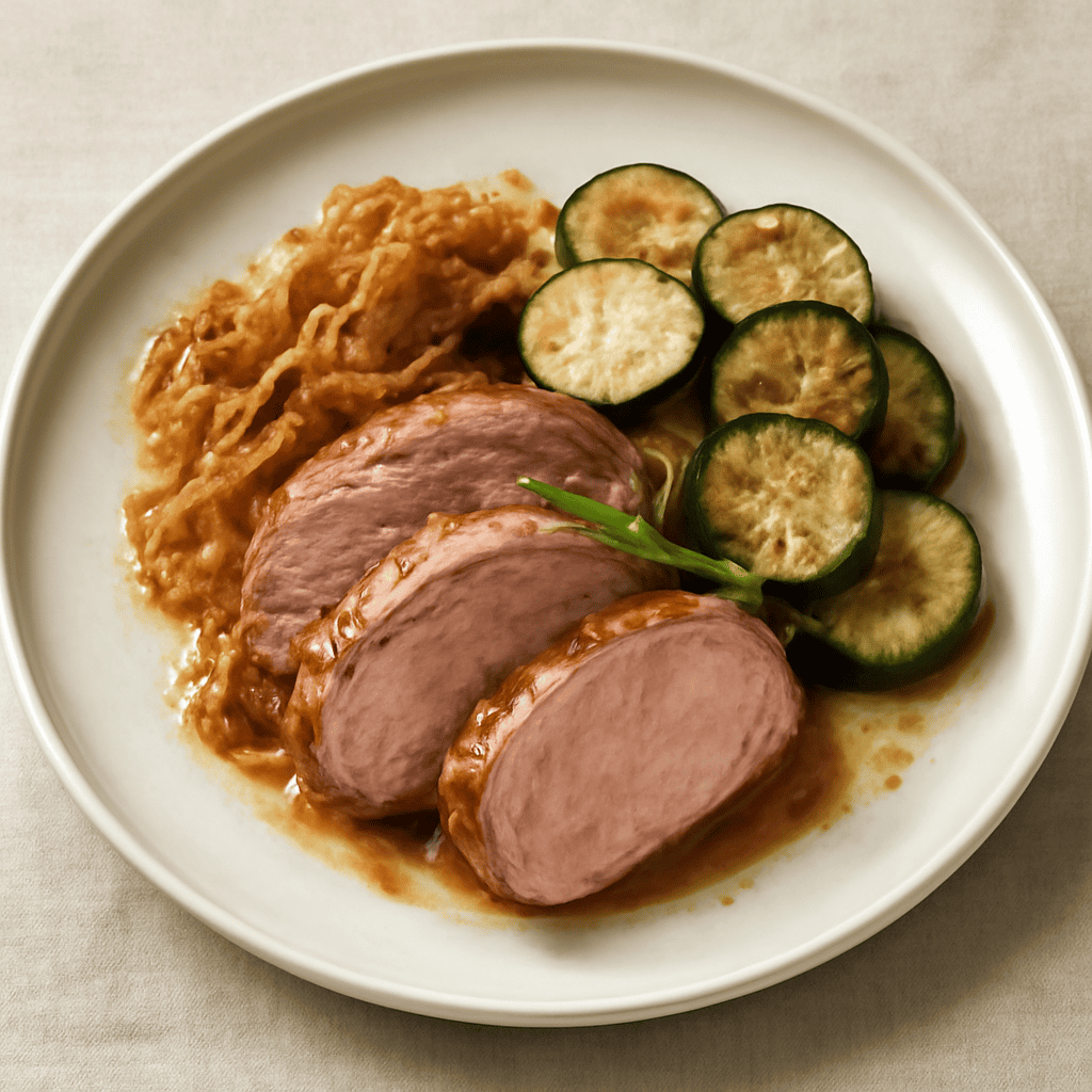 FILETTO DI ARISTA CON CIPOLLA PASSITA E ZUCCHINE GLASSATE